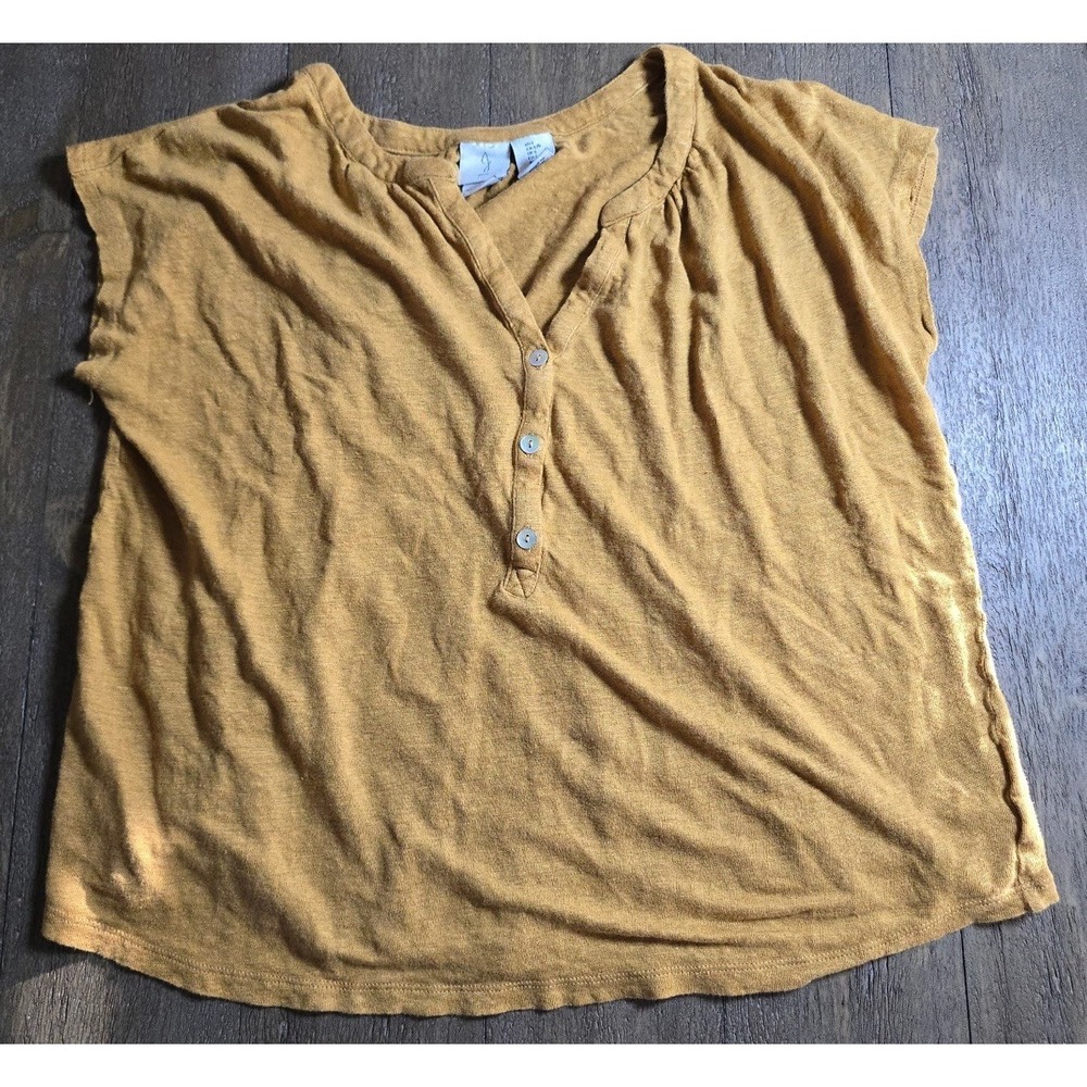 Joie 100% Linen‎ Top 1/4 Button Up V Neck Womens Sz LG Minimalist Boho Yellow